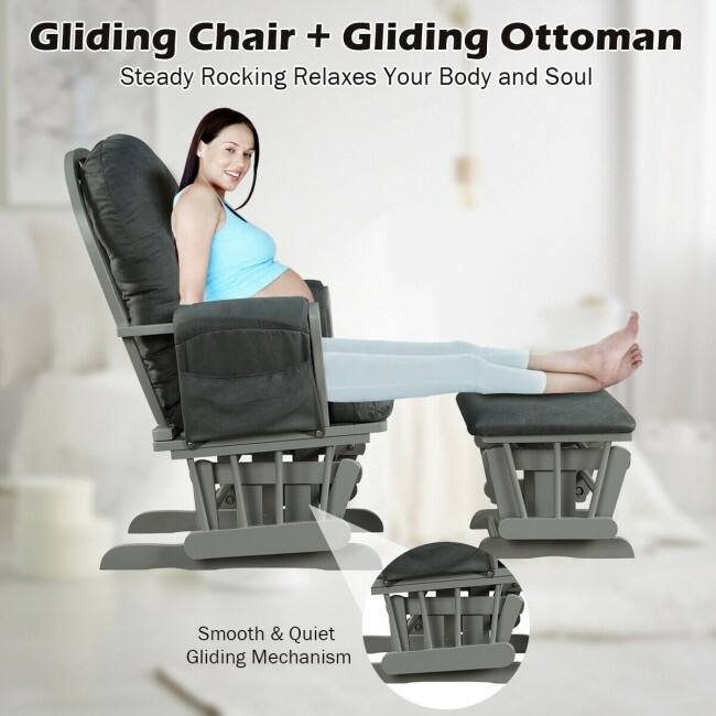 Solid Wood Gliding Chair Set with Pockets and Ottoman for Relaxing