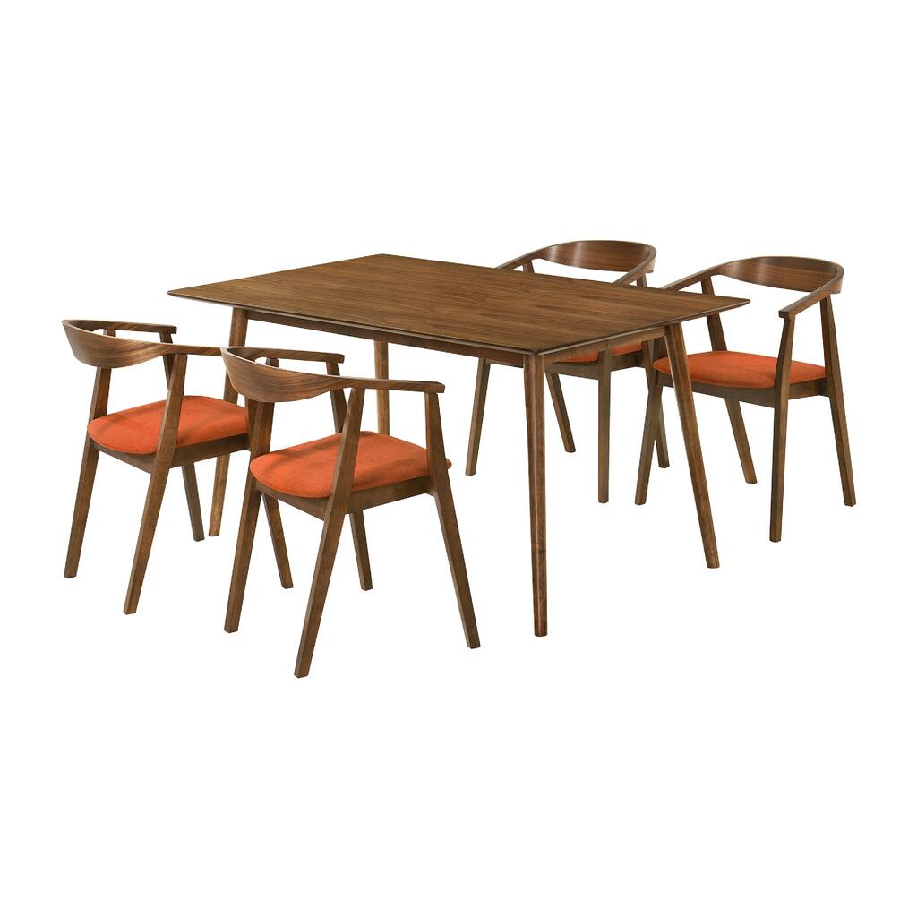 Wena Alana 5 Piece Dining Table Set, Walnut Brown Wood, 4 Orange Chairs
