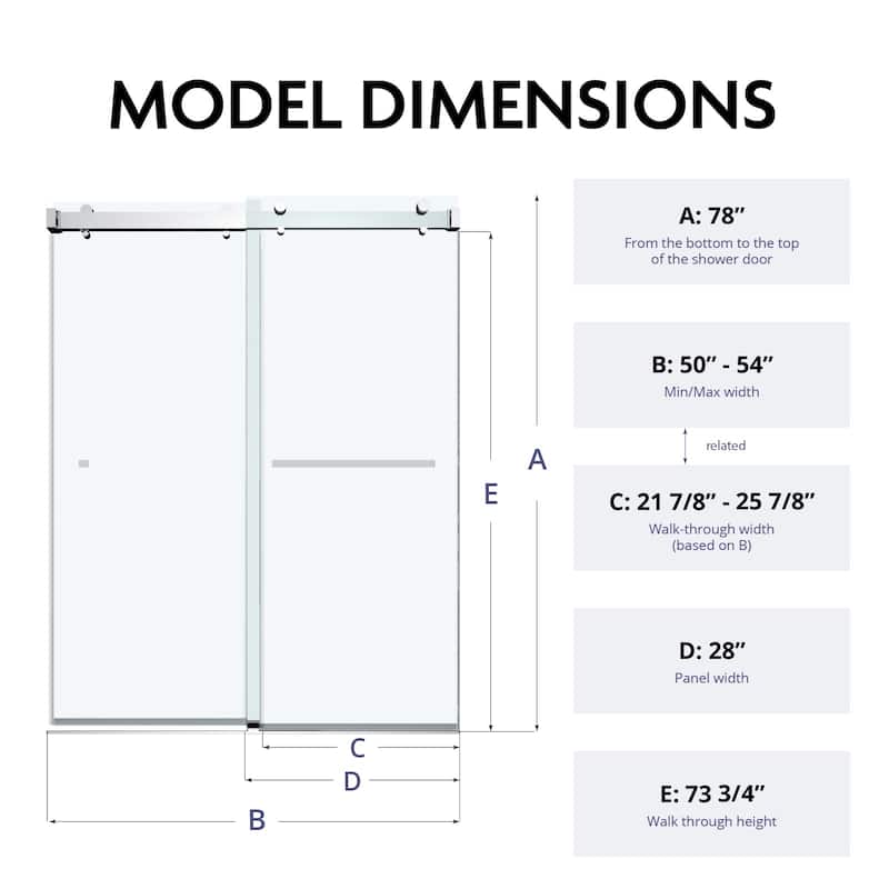 Glassic 50" - 54" W X 78" H Soft Closing Frameless Double Sliding Shower Doors with 3/8" Clear Tempered Glass