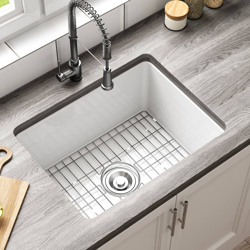 HOROW Undermount Fireclay 24 in. Single Bowl Kitchen Sink with Bottom Grid and Strainer in White - White