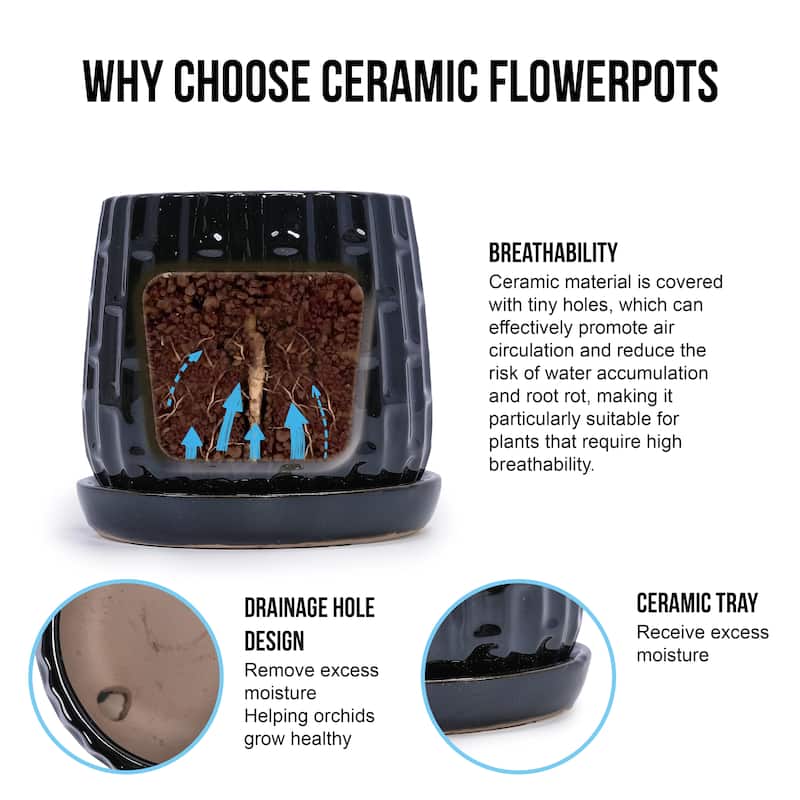 Set of 2 Handmade Ceramic Planters, Includes Saucers, Vertical Ribbed