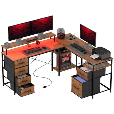 L Shaped Gaming Desk with RGB LED Light USB Charging Ports Storage Drawers and Ergonomic Monitor Stand Sturdy Office