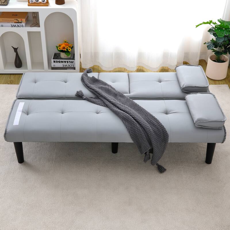 Convertible Loveseat Couch Adjustable Faux Leather Sleeper Sofa Bed with Coffee Table, Cup Holders and Removable Pillow Armrests - Light Grey