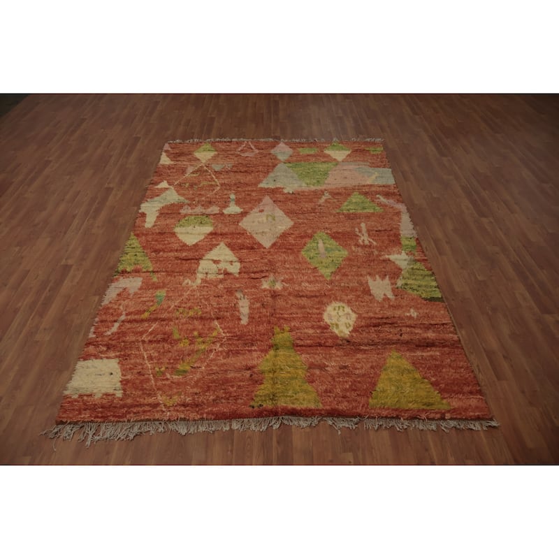 Hand Knotted Oriental 100% Wool Carpet Modern Tribal Oranges & Rust Moroccan Area Rug - 9' 11'' X 6' 5''
