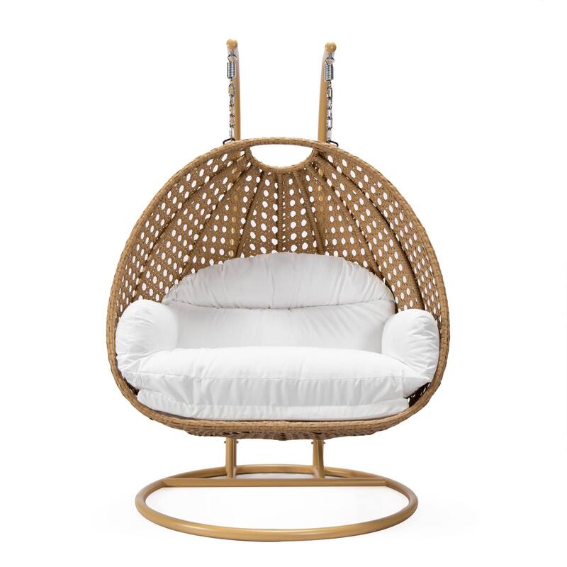 LeisureMod Mendoza 2-Person Hanging Egg Swing Chair - Handcrafted Light Brown Wicker, Patio Hammock Lounger with Cushions - 53"