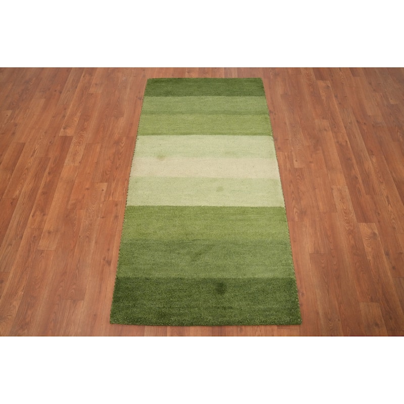 Hand Knotted Oriental 100% Wool Carpet Modern Stripe Green Gabbeh Runner Rug - 4' 8'' X 2' 5''