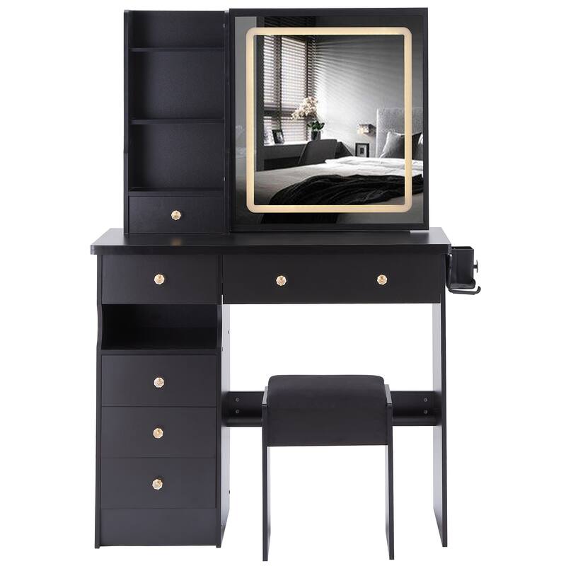 37" Middle Size Left Drawer Desktop Vanity Table + Cushioned Stool Dresser Set, Large Touch Control LED Sliding Mirror