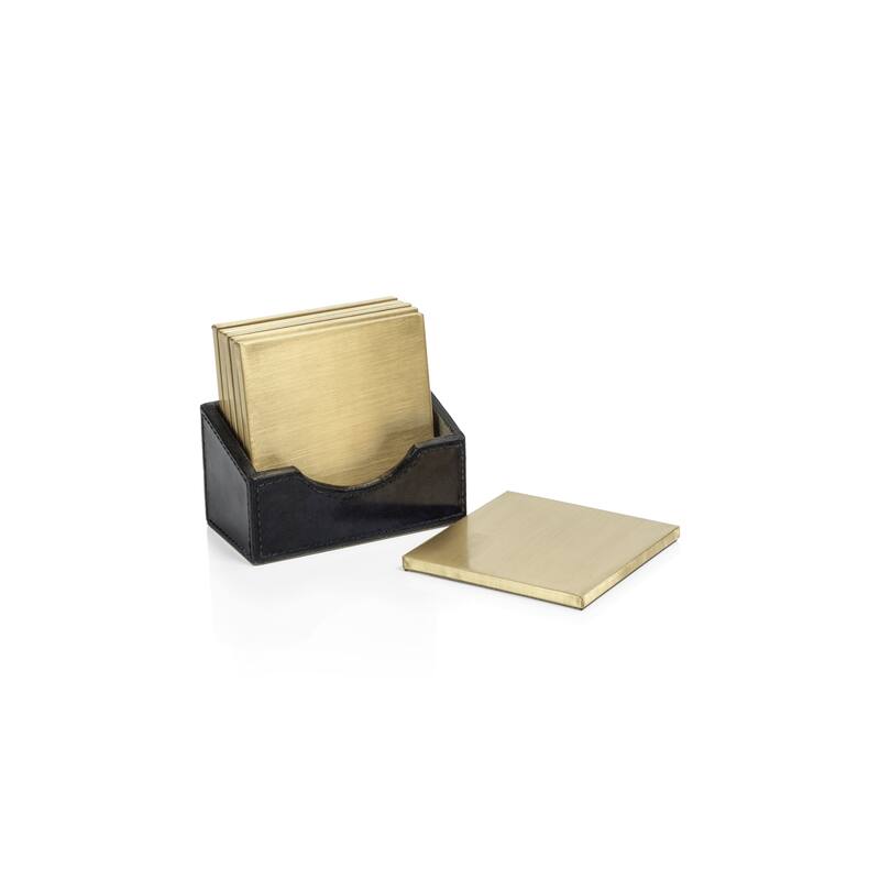 Somerstown 6-Piece Set Blue Leather Coaster with Case Holder - 4" square