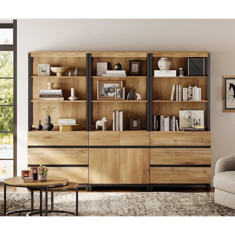 WAMPAT 3-Piece Modern 72" Tall Bookcase with 6 Drawers and Adjustable Shelves - Oak