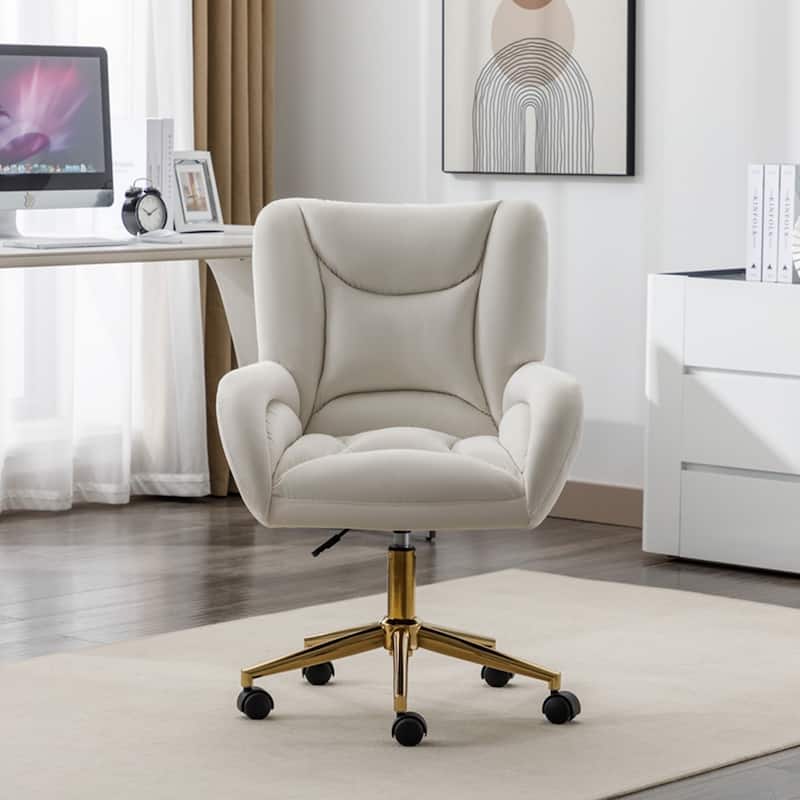 360 Swivel Fabric Home Office Chair With Gold Metal Base - Ivory Velvet
