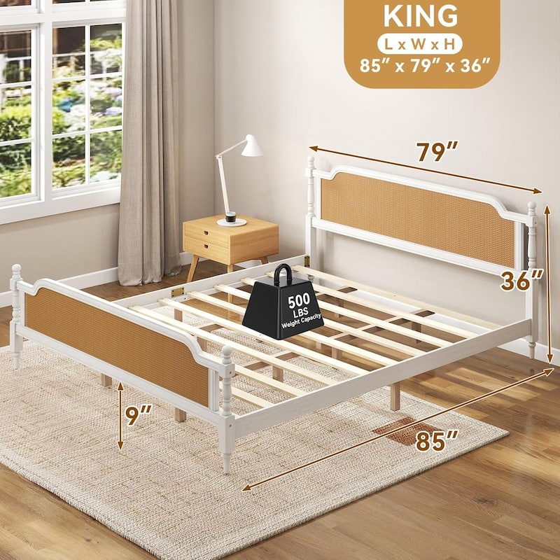 Rattan Platform Bed Frame with Handwoven Rattan Headboard and Footboard, No Box Spring Needed Solid Pine Wood Bed Frame