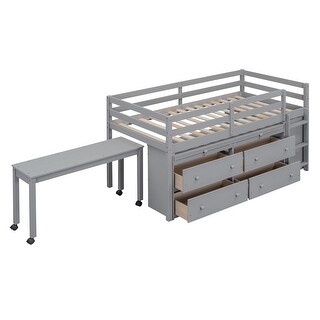 Muti-Functional Twin Size Wood Loft Bed,Lateral Portable Desk and Shelves