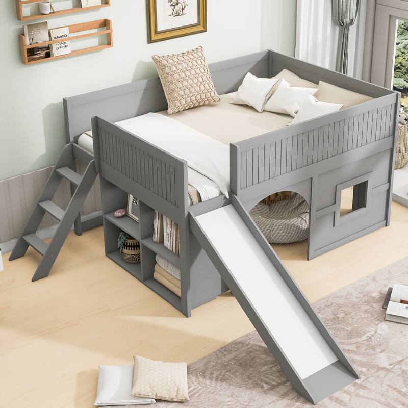 GDFStudio - PlayHaven Modern Wooden Low Loft Bed with Storage Shelves and Slide - Full - Gray