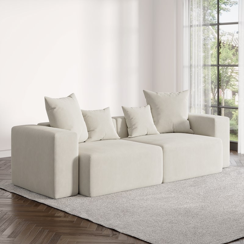 2 Set Oversized Corduroy Sectional Sofa Square Arm - Beige