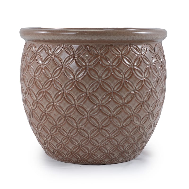 Set of 3 Antique Yellow 15 Inch Ceramic Planters with Drainage Hole - Frost Proof Indoor Outdoor Flower Pots