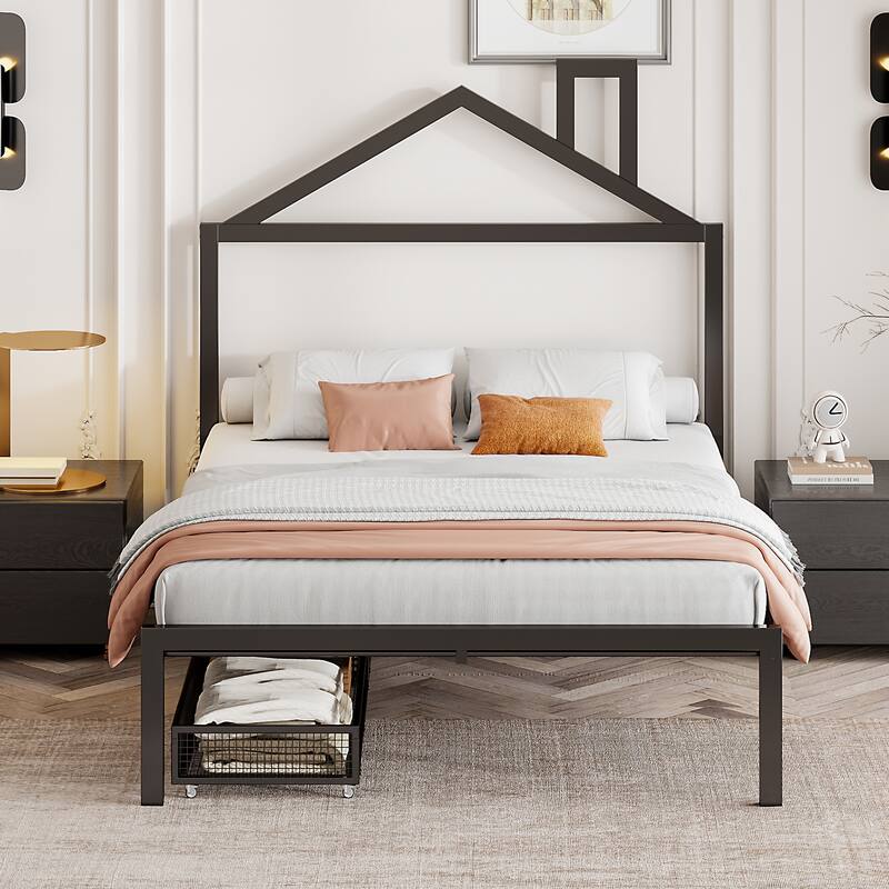 Full Size Metal Platform Bed with Two Drawers and House-Shaped Headboard
