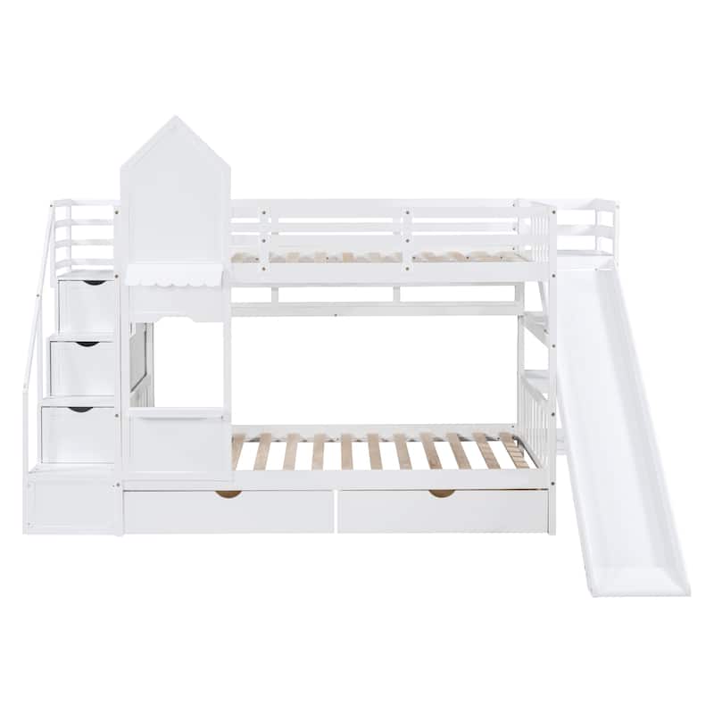 Bunk Bed with 2 Drawers 3 Shelves and Slide