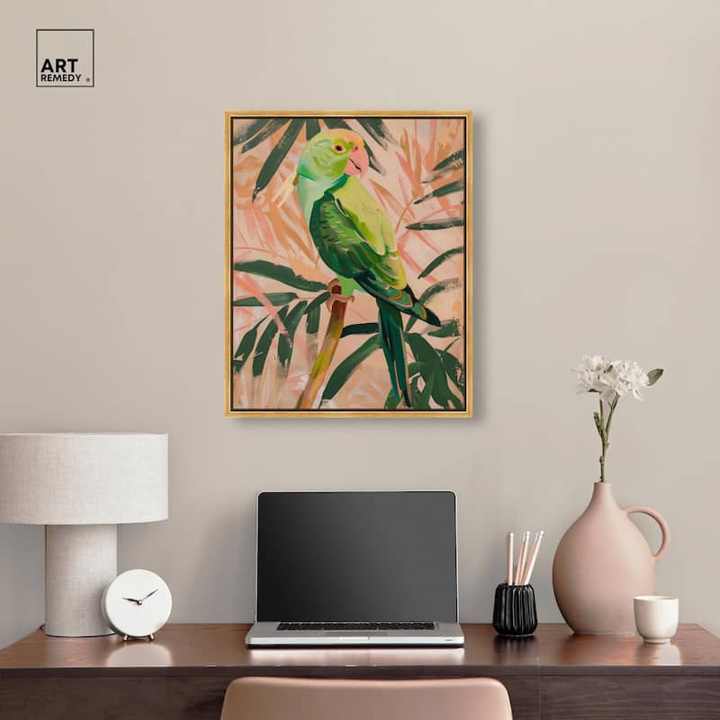 Coral and Green Parrot Canvas by Art Remedy