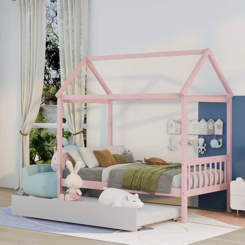 Twin Size Solid Wood House Bed Frame with Trundle and Roof for Kids, Boys and Girls