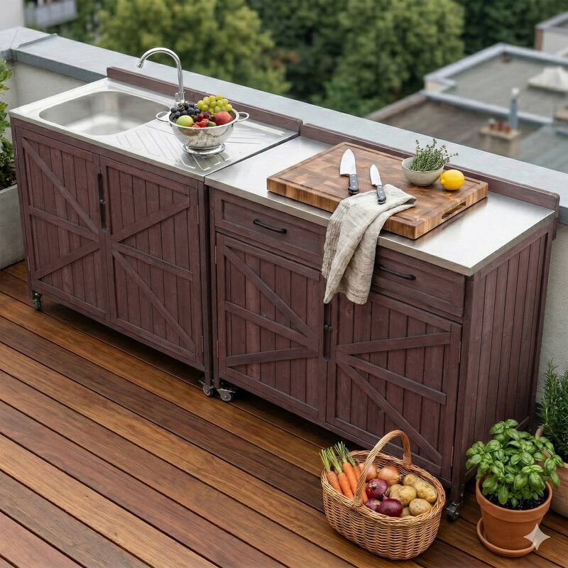 39.4" Outdoor Kitchen Island with Stainless Table Top, with One Large Drawer, Internal Storage Racks & 4 Wheels
