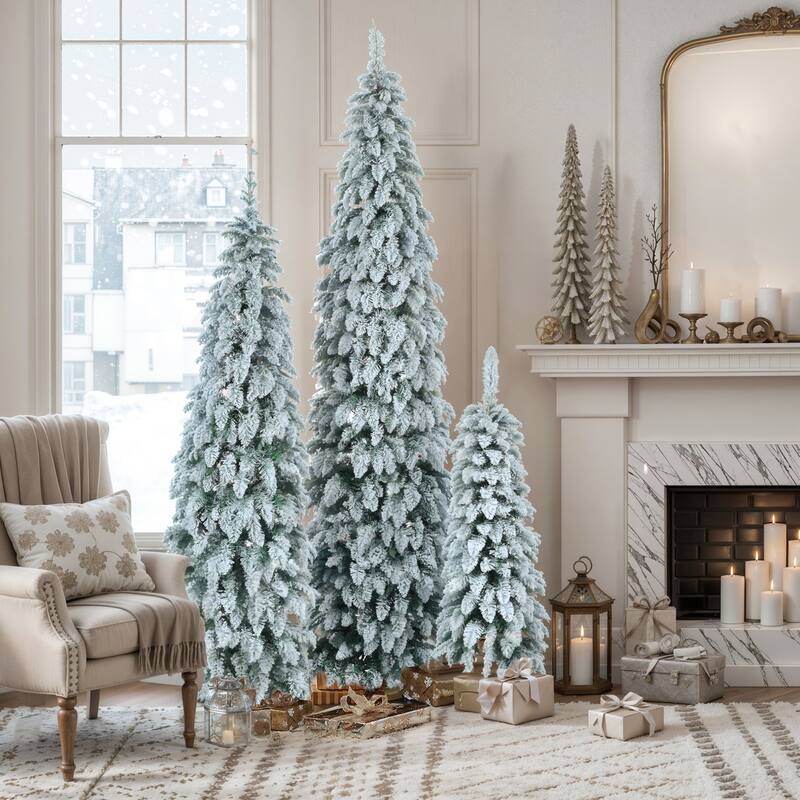 8FT, 6FT, 4FT Pre-Lit Pencil Christmas Trees, 3-set Slim Artificial Christmas Tree With Snow Flocking, 11 Lighting Modes