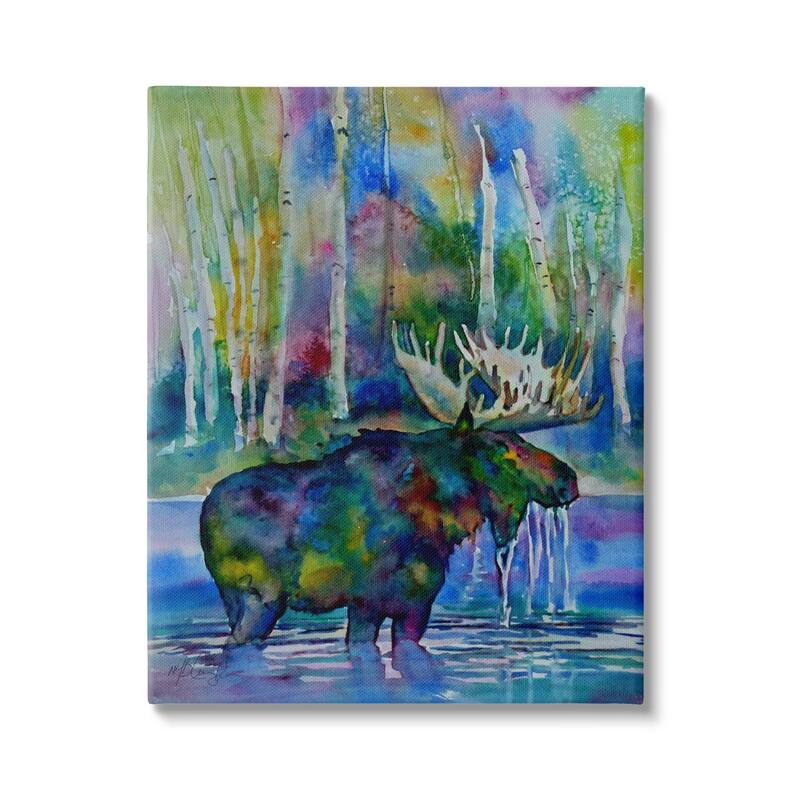 Stupell Vibrant Moose Birch Trees Swimming Splashing Lake Canvas Wall Art - 36 x 48