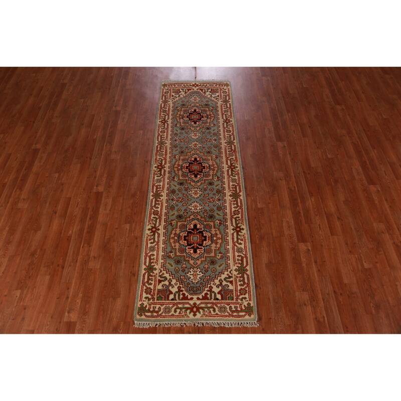 Hand Knotted Oriental 100% Wool Carpet Traditional Geometric Green Heriz (serapi) Runner Rug - 8' 0'' X 2' 6''