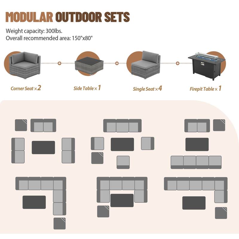 Outdoor Wicker Sectional Sofa 8-Piece Set with Fire Pit Table