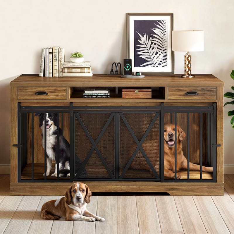 Moasis 62.6" Width Dog Crate Furniture Large Breed TV Stand with Drawers & Sliding Doors and Power Outlet - Brown