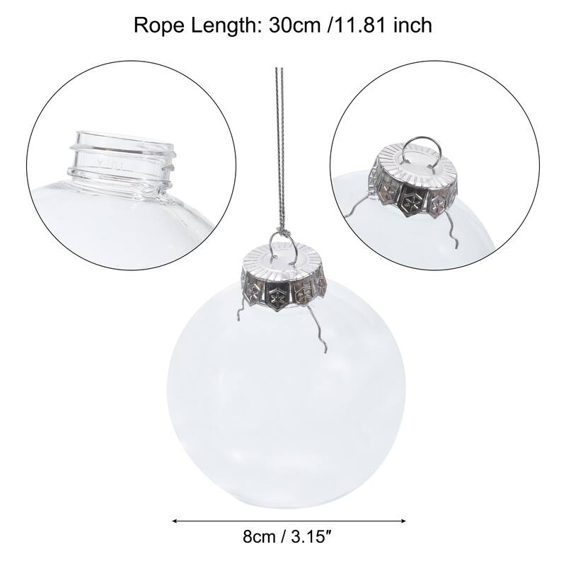 12Pcs Clear Plastic Ornaments Balls with 30cm Rope - Clear, Silver - 3.15 Inch