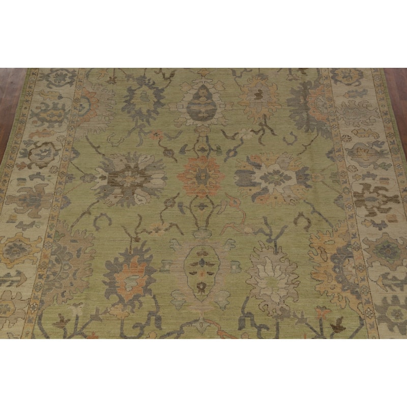 Hand Knotted Oriental 100% Wool Carpet Transitional All-Over Green Oushak Area Rug - 12' 1'' X 8' 11''