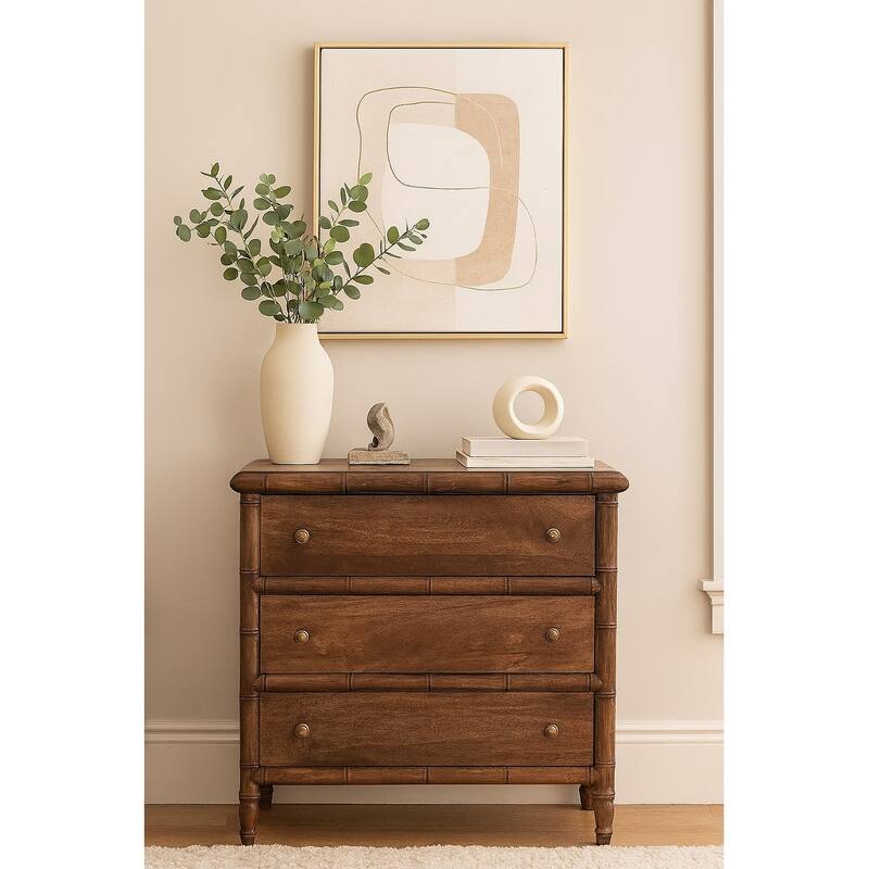 Artisan Furniture Solid Wood Bamboo Carved 3-Drawer Chest - Wood - Brown