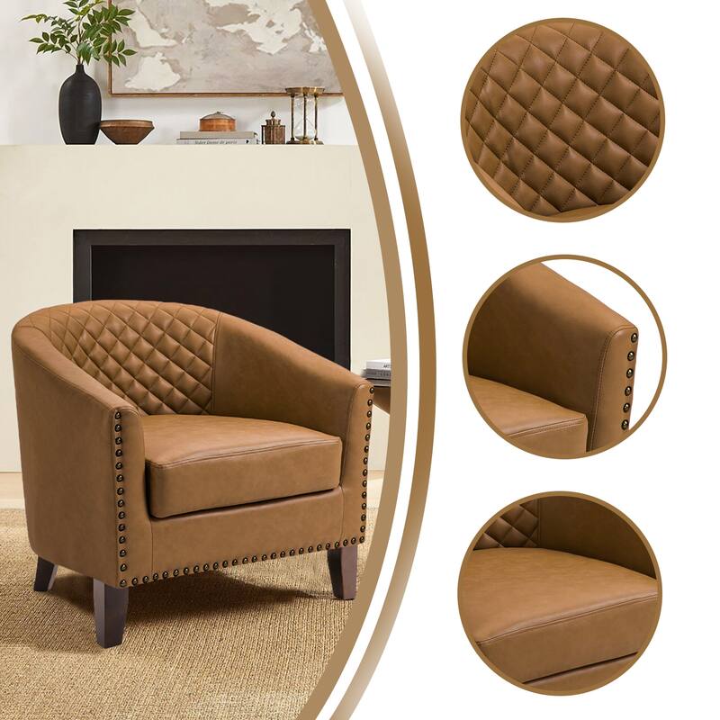 2 Set 29" W Vegan Leather Barrel Accent Chairs with Nailheads Trim