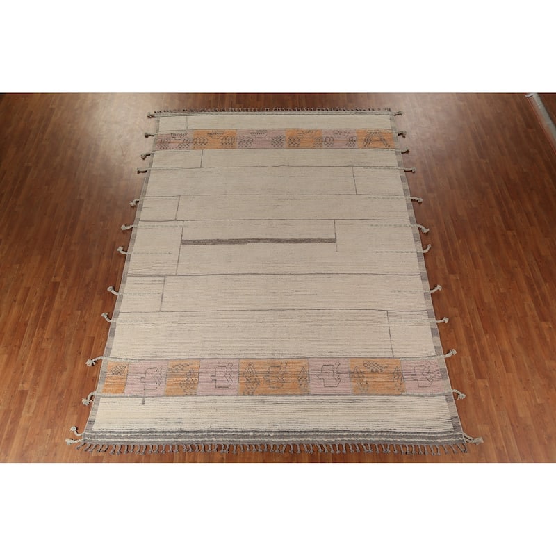 Moroccan Oriental Area Rug Handmade Beige Wool Carpet - 8'11"x 12'6"