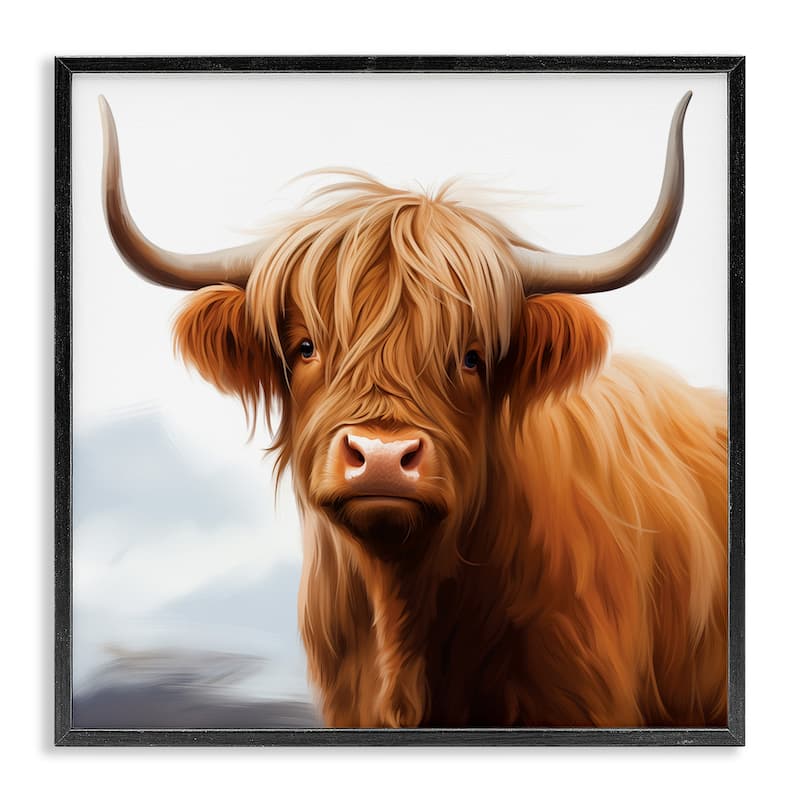 Stupell Long Horn Highland Cow Portrait Framed Giclee Art Design By Heidi Kuntz - 24 x 24 - Black