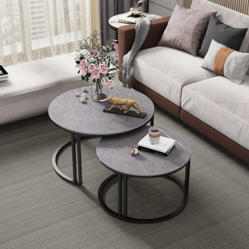 2X Round Nested Coffee Table Sintered Stone Top Metal Tables - 27”x16”