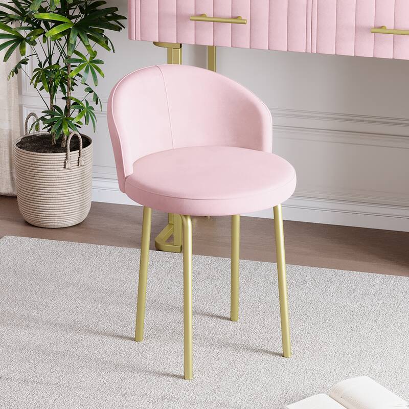 Velvet Upholstered Makeup Vanity Desk with 5 Storage Drawers, Marble-Look Sticker Top Dressing Table and Padded Makeup Chair Set