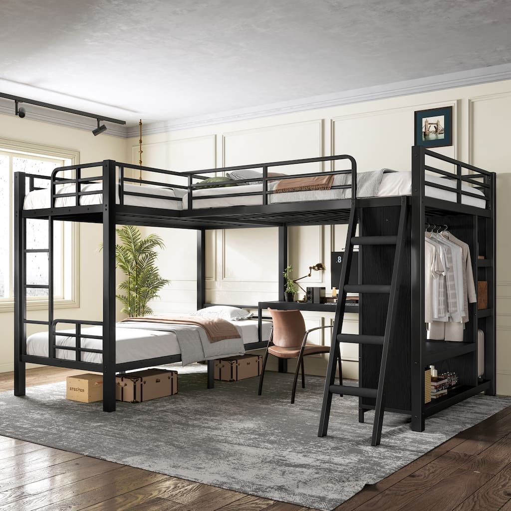 L-shaped Triple Bunk Bed with Desk and Wardrobe, Twin XL over Twin XL Bunk Bed with an Attached Full Loft Bed