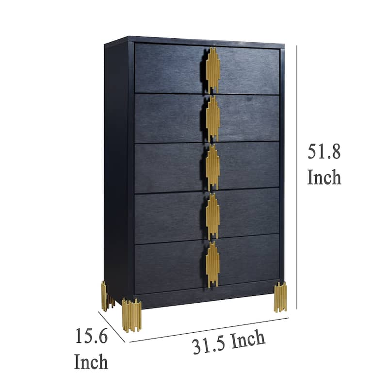 Theo Tall Dresser Chest, 5 Drawers, Vertical Gold Handles, Black Wood