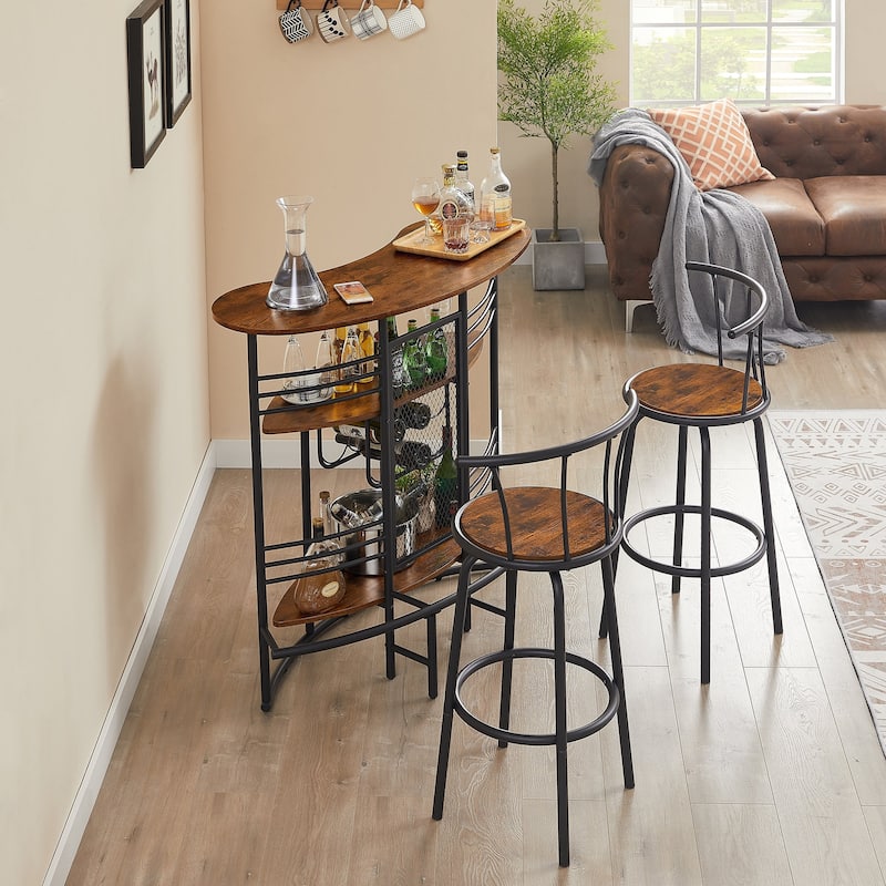 VECELO, 3-Piece Bar Table Set, Rustic Dining Room Pub Tables with Storage Shelf, 2 Back Barstools, Counter Height,