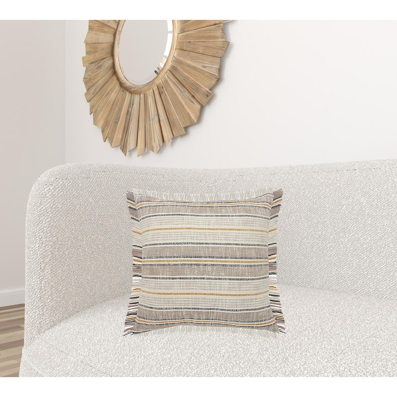 HomeRoots 20" X 20" Taupe Gray Yellow And Navy 100% Cotton Striped Zippered Pillow