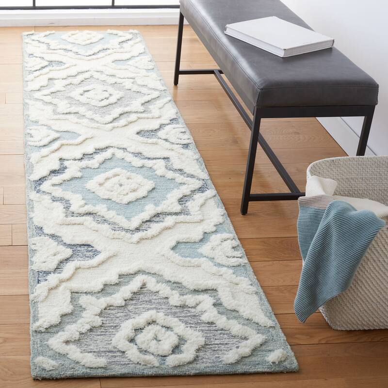 SAFAVIEH Handmade Metro Zhetchka French Country Wool Rug - 2'3" x 9' Runner - Ivory/Light Blue