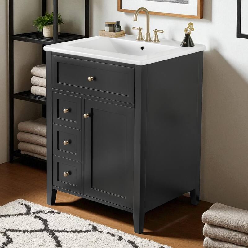 24" Bathroom Vanity with Sink, Freestanding Cabinet with 3 Drawers & Adjustable Shelf, MDF and Rubberwood Base - Black
