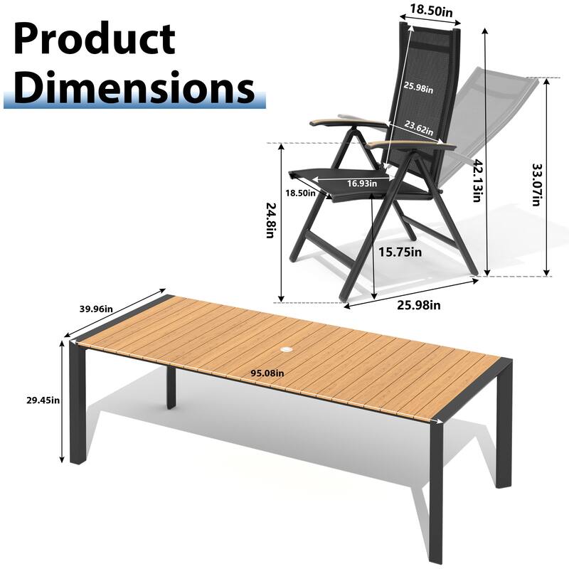 9-Piece Outdoor Patio Dining Set Wood Like Table Top Aluminum Rectangular Umbrella Hole Table with Folding Armrest Chairs