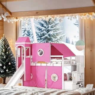 Impression Full Size Playhouse Inspired Bunk Bed with Slide Pink Tent and Tower, Sturdy Construction & Unique Design, Pink