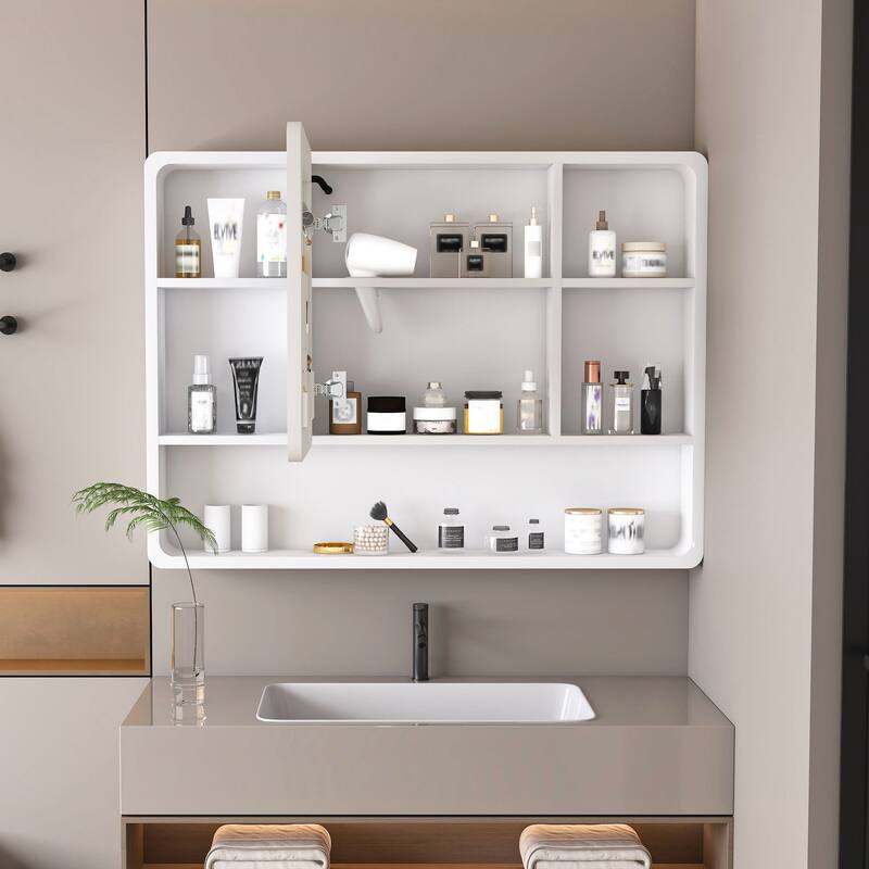 Bathroom Medicine Cabinet with LED Lighting, Defogger, Cosmetic Storage Rack & Hair Dryer Holder - 27.56X35.43 in