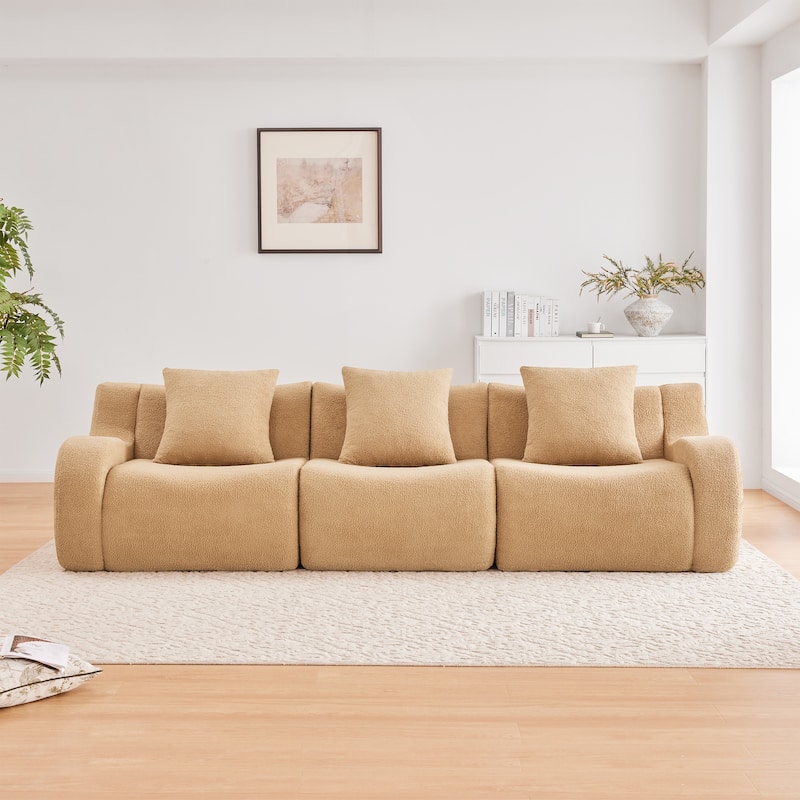 Modern 3-Seater Boneless Sofa, 115.3" Teddy Fabric Couch with Curved Armrests, Anti-Slip Base, No Assembly for Living Room