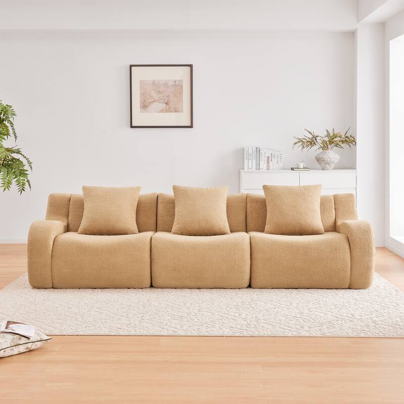Roomfitters 3-Seat Teddy Fabric Boneless Sofa, No Assembly Streamlined Couch with 32D Sponge - Camel