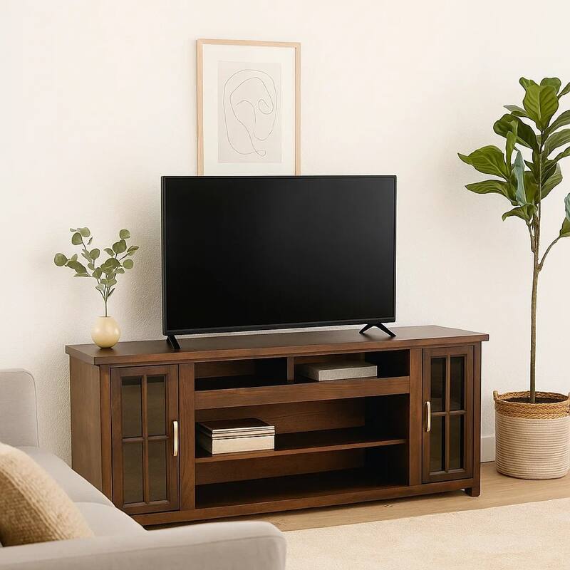 Leyla TV Stand Media Cabinet, 2 Glass Doors, Shelves, Brown Wood 76 Inch