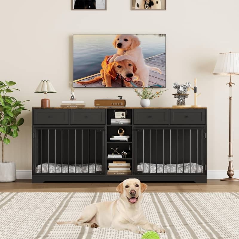 Wooden Dog Cage Crate Furniture TV Stand Large Dog Kennel with 4 Drawers and Shelves for 2 dogs